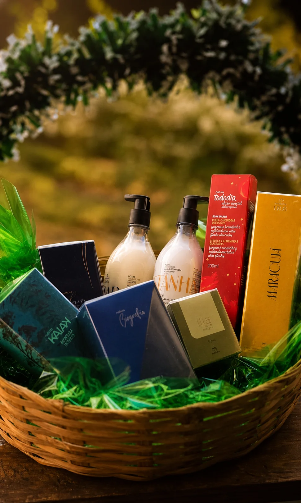 A cesta da rifa com perfumes, hidratantes e outros produtos Natura